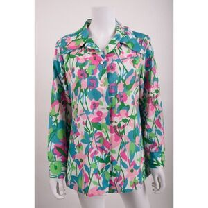 Vintage 70s Lady Bayard Women Blouse Shirt Top Sz 16 Pink Blue Multicolor floral
